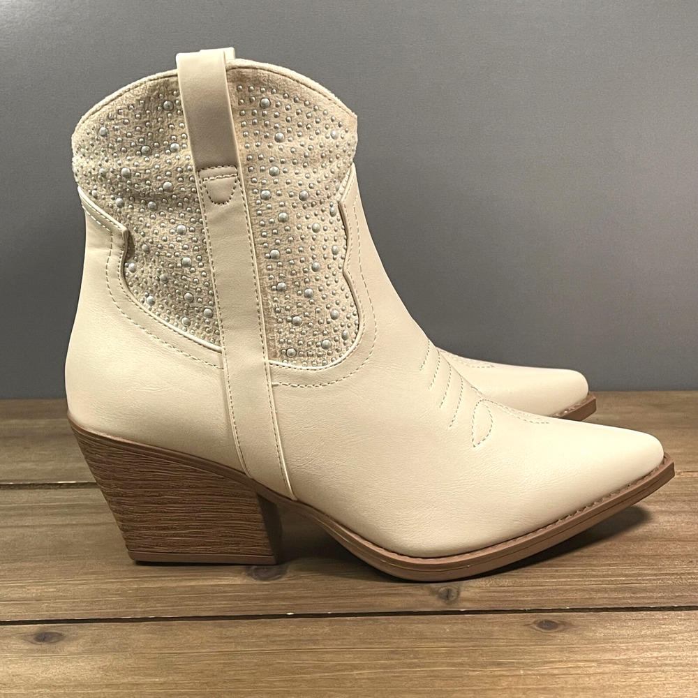 Top Moda Women's Elk 66 Western Ankle Boots Size 8 Ivory Pearl Accent Zip Up